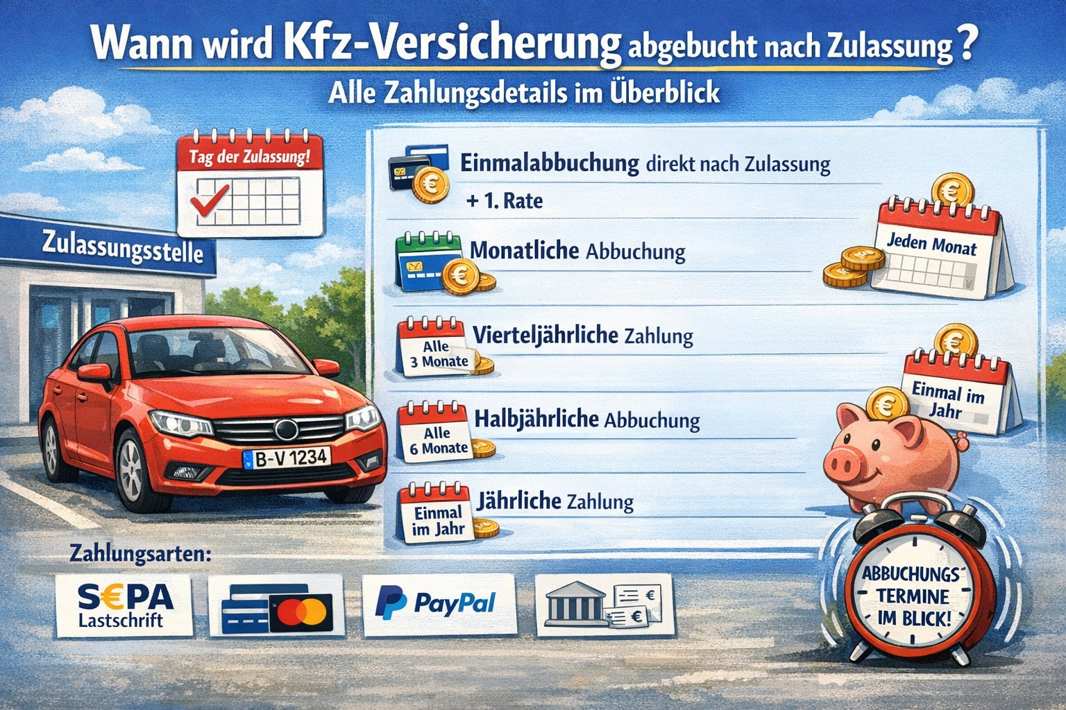 Ein neu zugelassenes Auto mit einem Kalender und einem Symbol für automatische Bezahlung, das die Abbuchung der Kfz-Versicherung nach der Zulassung darstellt.