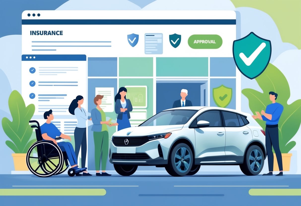 Mehrere Menschen, darunter eine Person im Rollstuhl, stehen vor einem Auto und sprechen mit einem Versicherungsagenten vor einem Büro.