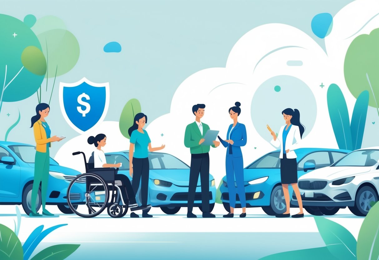 Eine Gruppe von Menschen, darunter eine Person im Rollstuhl, steht neben Autos, während ein Versicherungsagent ihnen Informationen gibt.